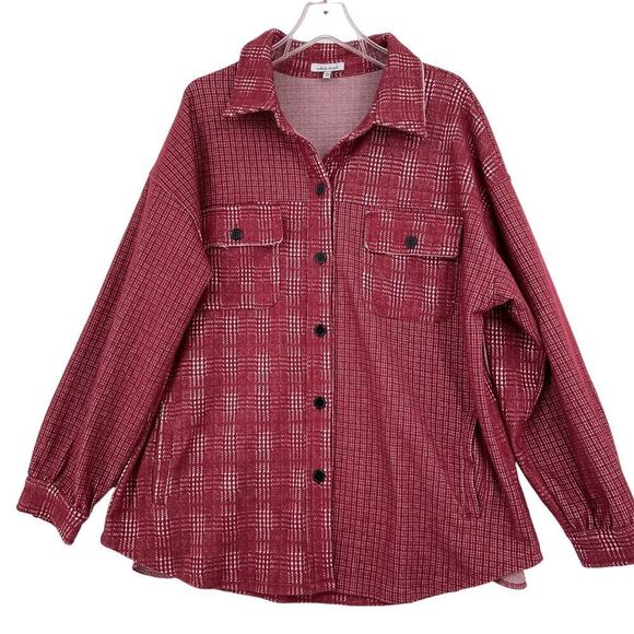 White Birch Flannel Shirt Jacket Size L Red Plaid shacket Stretch Button Up - Picture 1 of 12